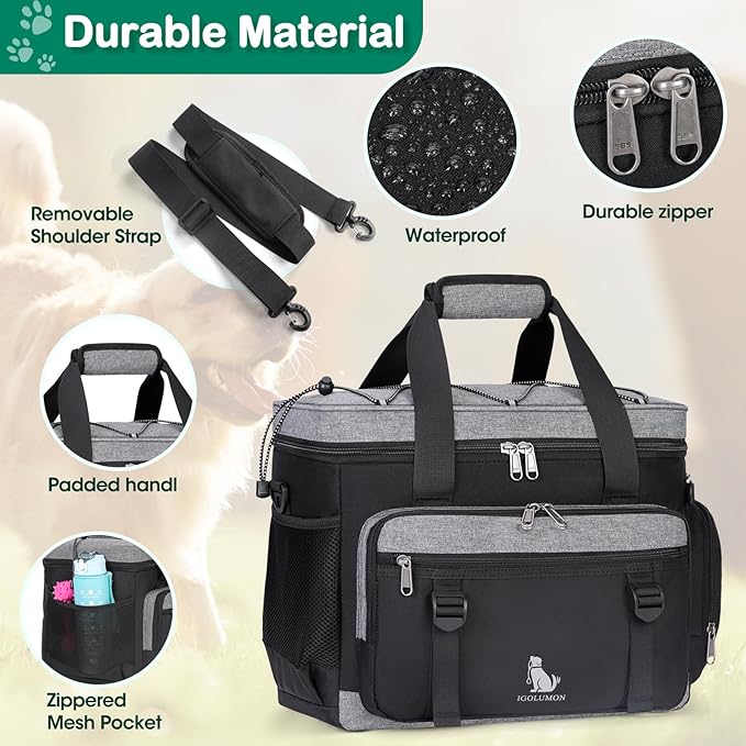 IGOLUMON Dog Travel Bag Large Pet Travel Bags Set for Supplies Weekend Travel Kit Tote Organizer Multi-Pockets Food Travel Bag with 2 Extra Large Food Containers, 2 Dog Bowls, 1 Feeding Mat