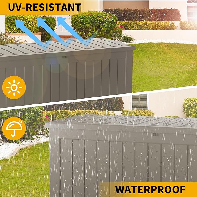 270 Gallon Outdoor Storage Box Patio Deck Box Waterproof, Resin Lockable Outside Large Storage Bin for Pool Cushion Furniture, Garden Tools UV-Resistant, Grey