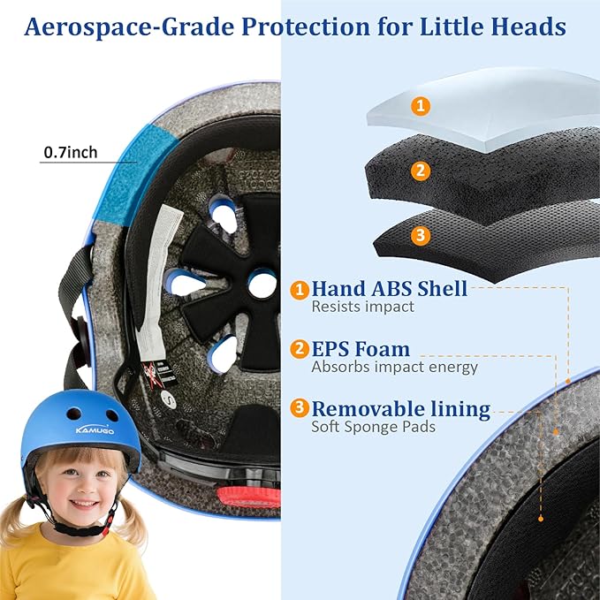 KAMUGO Kids Adjustable Helmet, with Sports Protective Gear Set Knee Elbow Wrist Pads for Toddler Age 2-8 Boys Girls, Bike Skateboard Hoverboard Scooter Rollerblading Helmet Set