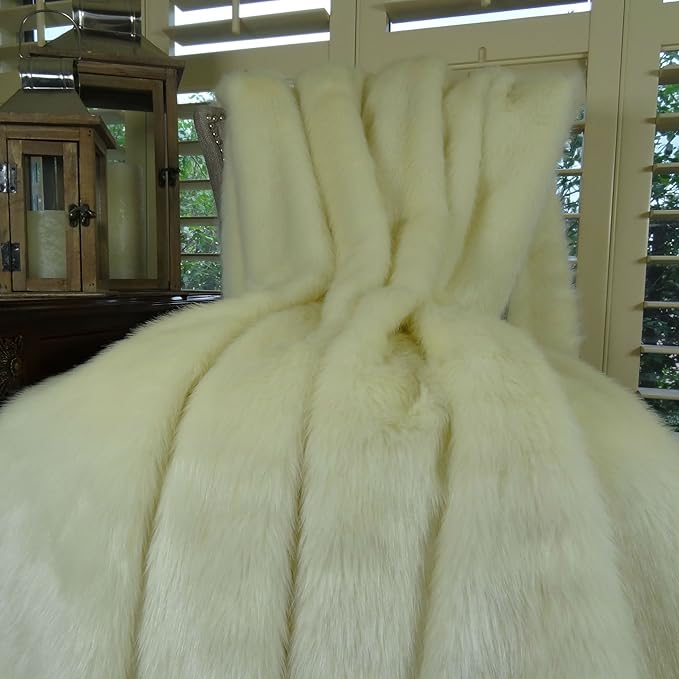 Arctic Fox Faux Fur Throw Blanket & Bedspread - Arctic Creamy White Arctic Faux Fur - Luxury Soft Faux Fox Fur - Heavy Throw, Made in USA, 16414