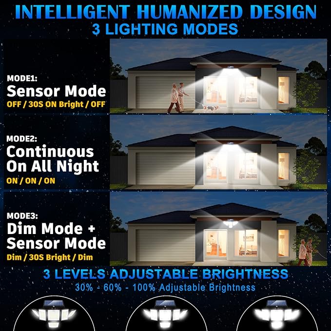 Solar Motion Sensor Flood Lights Outdoor - 496LEDs 3500LM 3 Lighting Modes 3 Levels Brightness, 6 Heads 360° Illumination, IP65 Waterproof Solar Security Lights,for Porch Yard Patio Garage