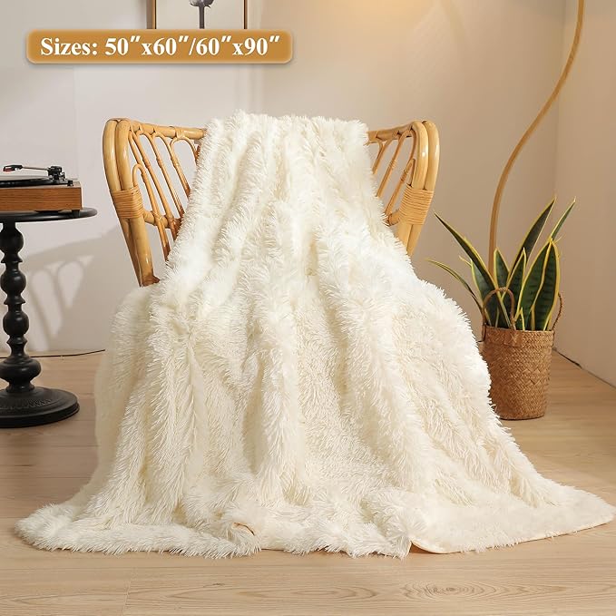 XeGe Luxury Faux Fur Blanket, Ivory Soft Big Fluffy Throw, Shaggy Plush Decorative Couch Blanket, Cute Off White Furry Fuzzy Throw for Bed Bedroom Living Room Beige, 60x90