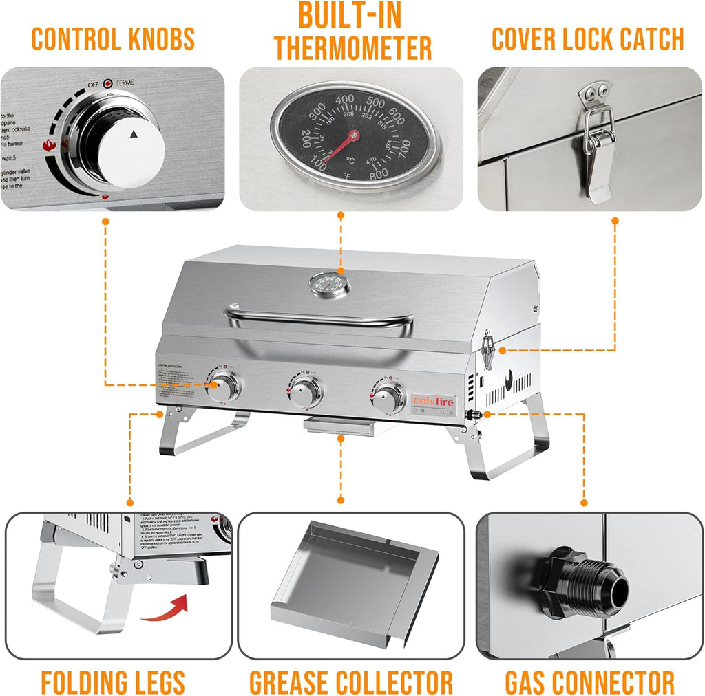 Tabletop Gas Grill 3 Burners, Stainless Steel Portable Propane Grill with Foldable Legs for Outdoor Patio Backyard Camping, Tailgating, RV Trip, Heavy Duty & 24000BTU, GS307