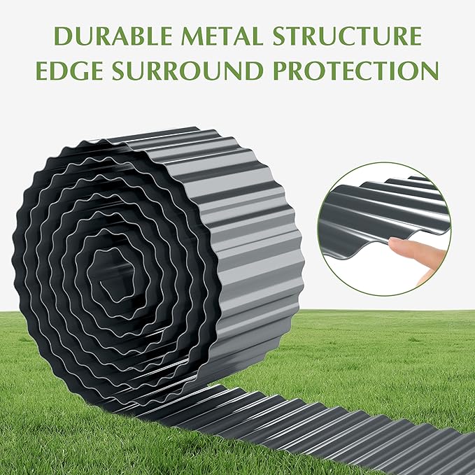 Metal Garden Edging Border, Corrugated Steel Landscaping, DIY for Lawn (Black, 6 Inch x 10FT)