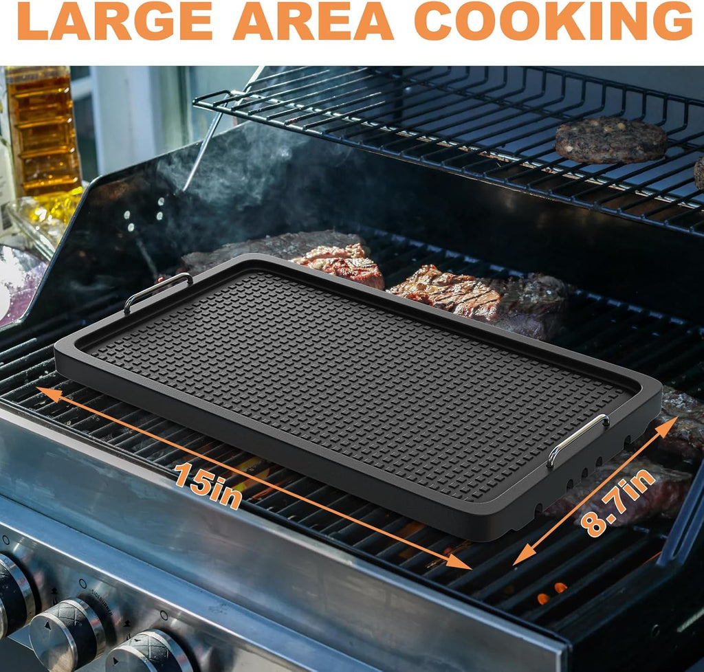 Cast Iron Griddle for Gas Grill Universal, 15" x 8.7" Griddle Pan for Stove Top with Handle, Grill Griddle, Stove Top Griddle for Charcoal/Gas/Electric Grills, Cast Iron Grill Pan for Outdoor/Camping