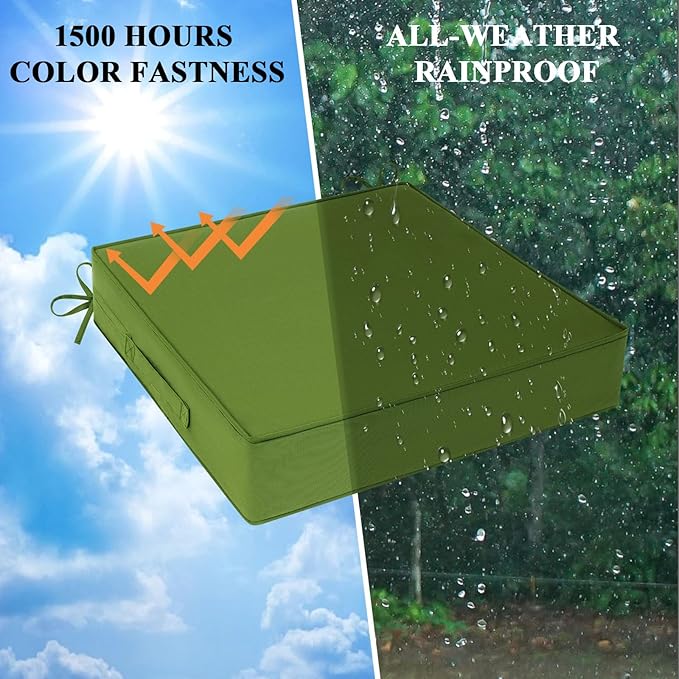 Outdoor Chair Cushions Set of 2 for Patio Furniture 18.5x16x3 Inch Waterproof Patio Chair Cushion 3 Year Color Fastness Rectangle Elastic Foam Garden Couch Pads with Ties and Handle,Green