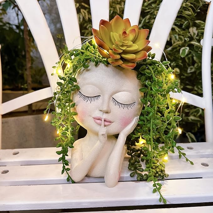 Solar Face Flower Pot,Head Planter Pot,with Led String Lights Succulent Planter Light,Warterproof Resin Cactus Planters,Cute Closed Eyes Lady Face Planter,for Indoor Outdoor Plant Garden Decor (Large)