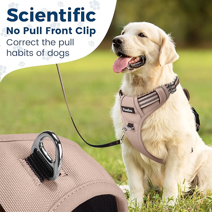 Funfox Dog Harness No Pull, Adjustable Pet Vest Harness, Super Soft Material with Vertical Handle Easy Control, Reflective Night Walking, 2 Leash Clips for Large Dogs, Brown, L