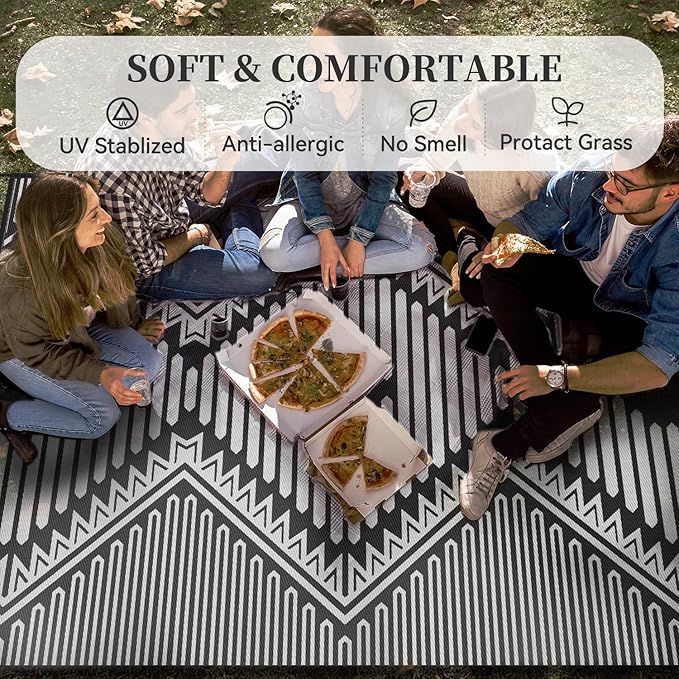 MontVoo Outdoor Rug 9x12 Waterproof Patio Rug-Outdoor Carpet Mat Reversible Plastic Straw Outside Outdoor Rug for RV Camping Picnic Beach Balcony Backyard Pool Deck Porch Modern Boho Grey