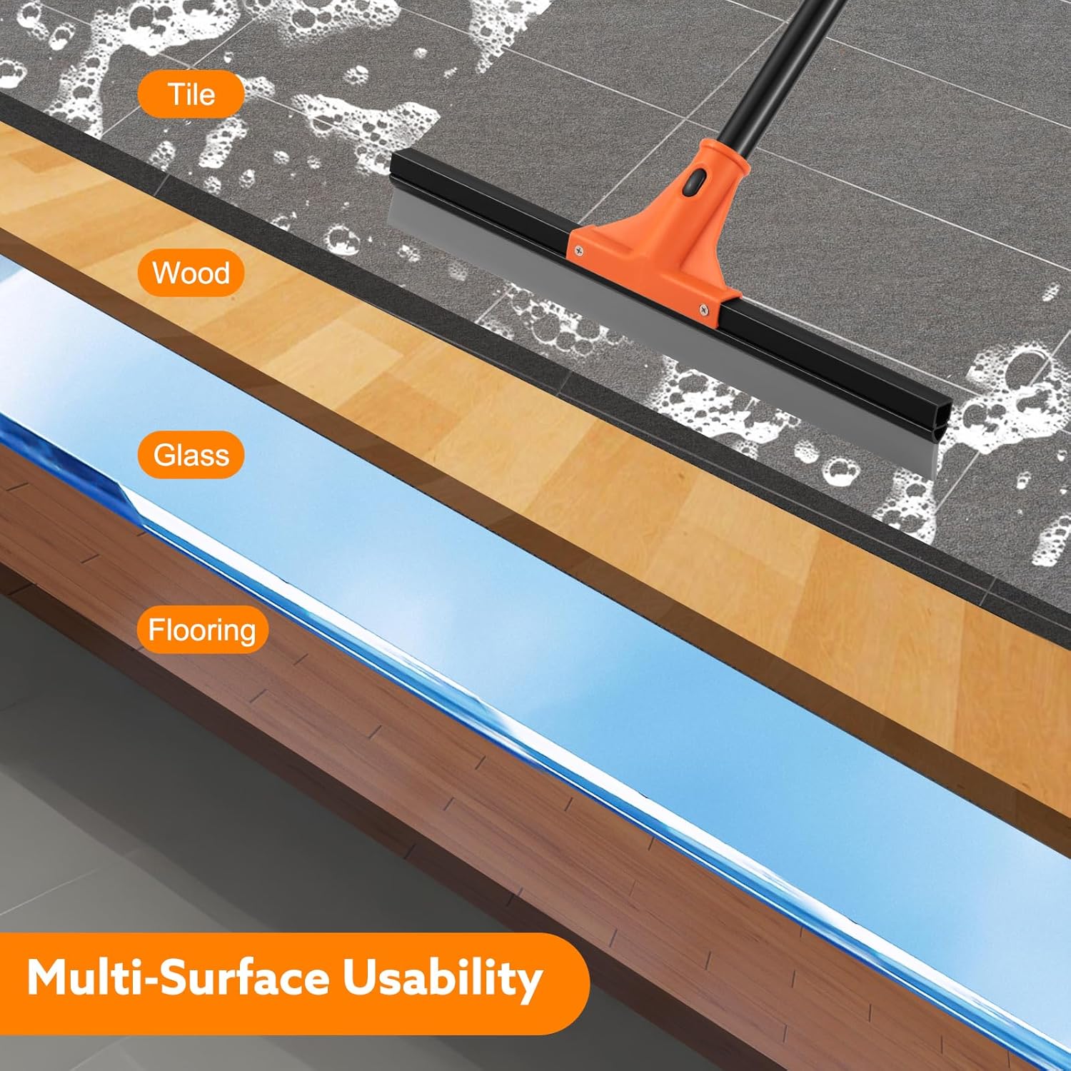 Floor Squeegee Heavy Duty, 17 Inch Rubber Blade, 60 Inch Long Aluminum Handle, Multipurpose Cleaning Squeegee for Garage, Tile, Deck, Bathroom, Window, Glass