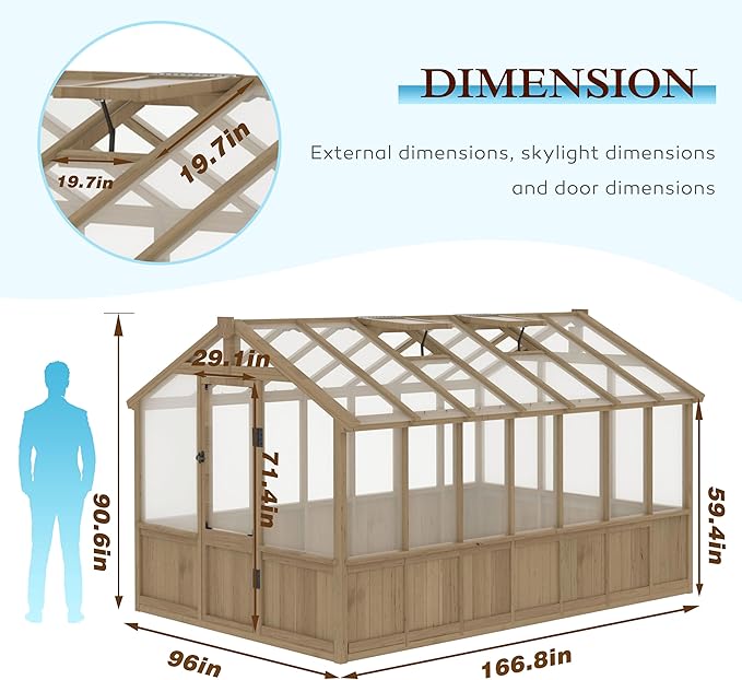 8x14 FT Outdoor Greenhouse Kit, 6MM Thick Polycarbonate Panel Wooden Walk-in Green House with Adjustable Roof Vents & Roof Vents, Backyard Garden, Light Mocha Brown