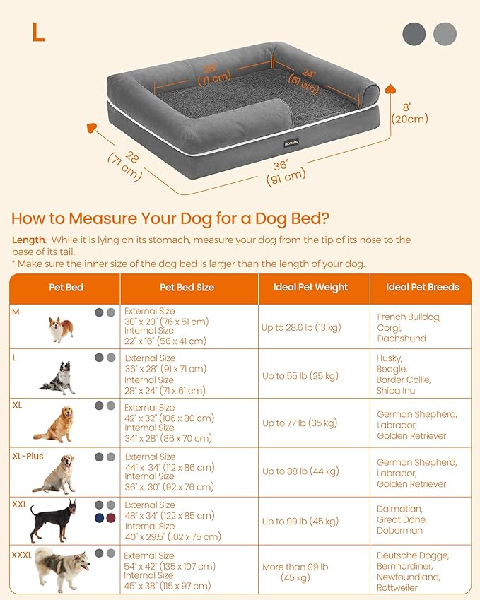 Feandrea Orthopedic Dog Bed, Large Dog Bed Waterproof, Removable Washable Cover Sofa with Non-Slip Bottom, Raised Edges, 36 x 28 x 8 Inches, Light Gray UPGW067G02