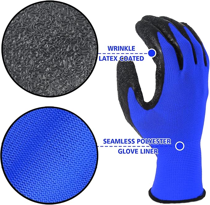 Evridwear Crinkle Latex Rubber Hand Coated Safety Work Gloves for Men Women General Multi Use Construction Warehouse Gardening Assembly Landscaping (Large,Blue- 12Pair)