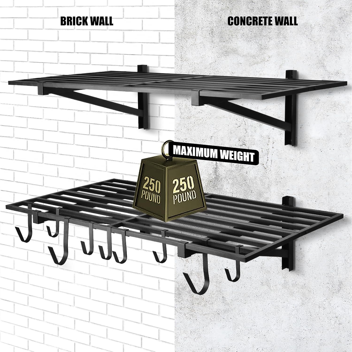 4 Pack 1,5x4ft Heavy Duty Garage Wall Shelving, Garage Shelving Wall Mounted, Storage Rack with Hooks (Black)