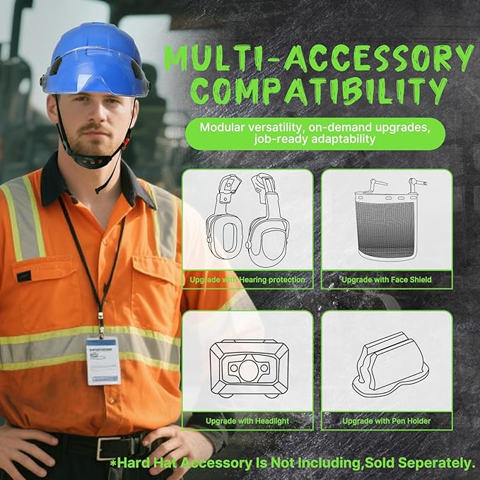 AOLAMEGS Construction Blue Hard Hats - Adjustable Vented Hard Hat with Visor for Men Women ABS Safety Helmet 6-Point Suspension Work Safety Helmet for Outdoor Height Industrial (with Clear Visor)