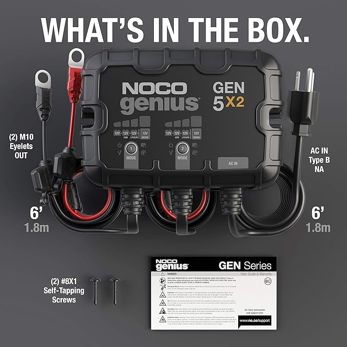 NOCO Genius GEN5X2: 2-Bank, 10A Onboard Battery Charger - 5A Per Bank, 12V Waterproof Marine Charger with Overcharge Protection & Temperature Compensation – for Lead-Acid & Lithium Batteries
