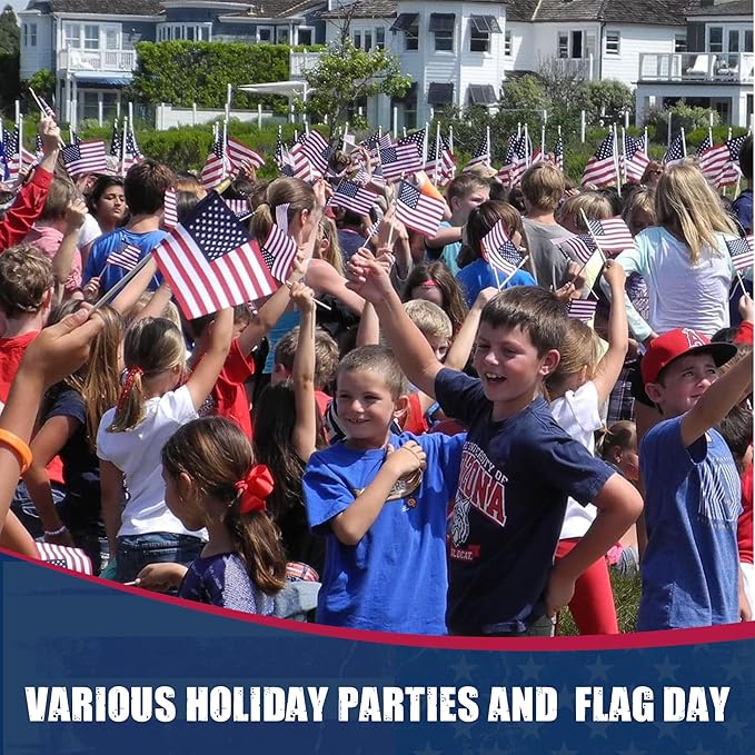 Super Tough Small American Stick Flags 4’’x6’’ | Cotton Outdoor Flag on 10’’ Wooden Stick with Spear Tip | Mini Flags Patriotic Decor for Various Holiday Parties and National Flag Day | 25 Pack