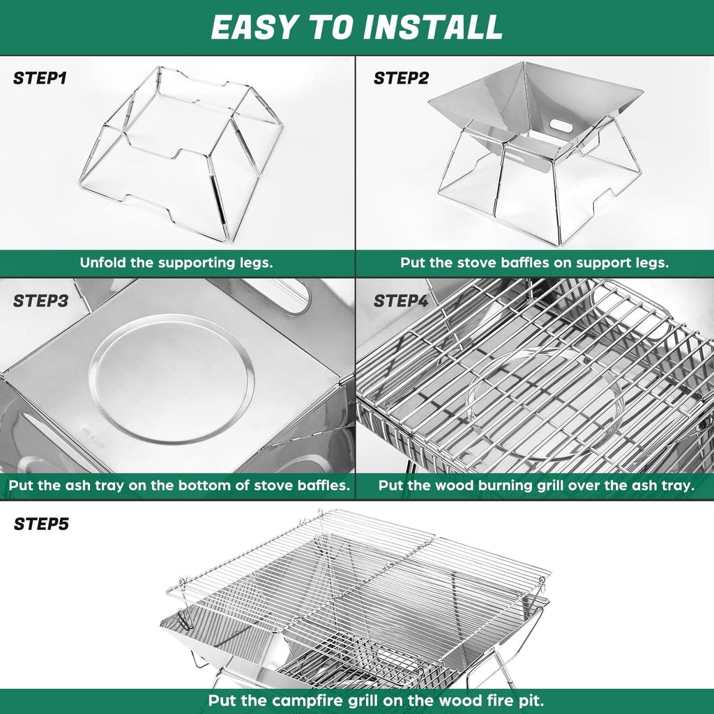 Odoland Folding Campfire Grill, 304 Stainless Steel Grate Barbeque Grill, Portable Camping Grill with Legs for Picnics, Backpacking, Outdoor with Carrying Bag and Kitchen Tongs