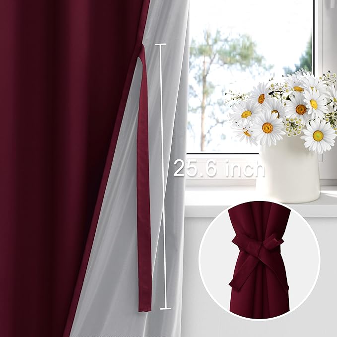 XWZO 100% Blackout Curtains with Tiebacks- Rod Pocket Heat and Full Light Blocking Window Panels & Thermal Insulated Draperies for Living Room Wide Window, Burgundy, W60 x L63, Set of 2
