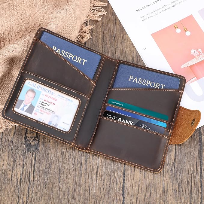 Real Leather Wallet Functional RFID Bifold Passport Holder Travel (Dark Brown)