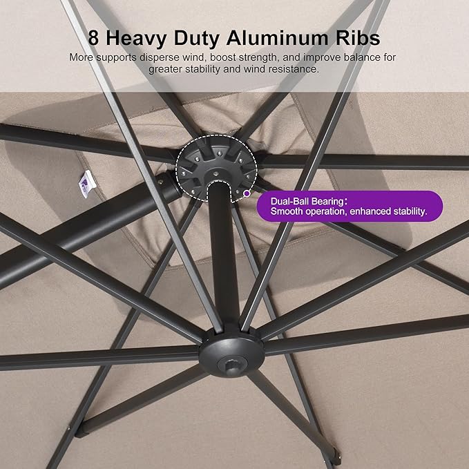 PURPLE LEAF 10 FT Cantilever Patio Umbrella Outdoor Aluminum Offset Square Umbrella with 3 Years Fade Resistance Recycled Fabric and 360-degree Rotation for Deck Pool Garden, Sand Dune