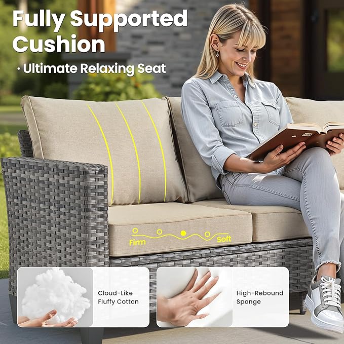 ovios 6 Pieces Patio Furniture Set with 54" Fire Pit Table, Outdoor Wicker Sofa with Comfy Cushions, All Weather High Back Rattan Couch Conversation Set, Beige