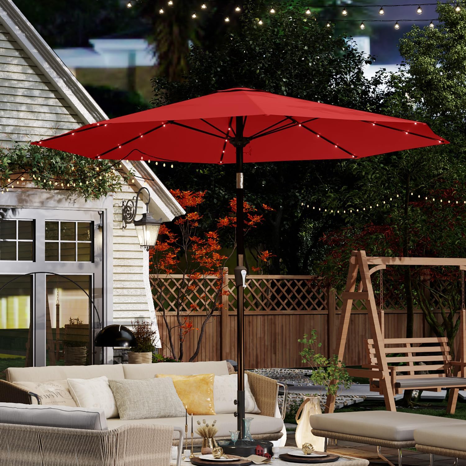 10FT Solar Umbrella 32 LED Lighted Patio Umbrella Table Market Umbrella w/Tilt and Crank, UV-Resistant Outdoor Umbrella for Pool, Garden, Deck, Red