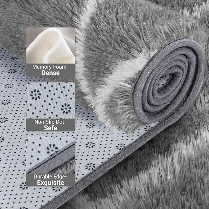 Fluffy Rug for Bedroom, Stripe Checkered Rug Anti-Skid High Pile for Living Room Bedroom Kids Room Nursery, Dorm Home Decor