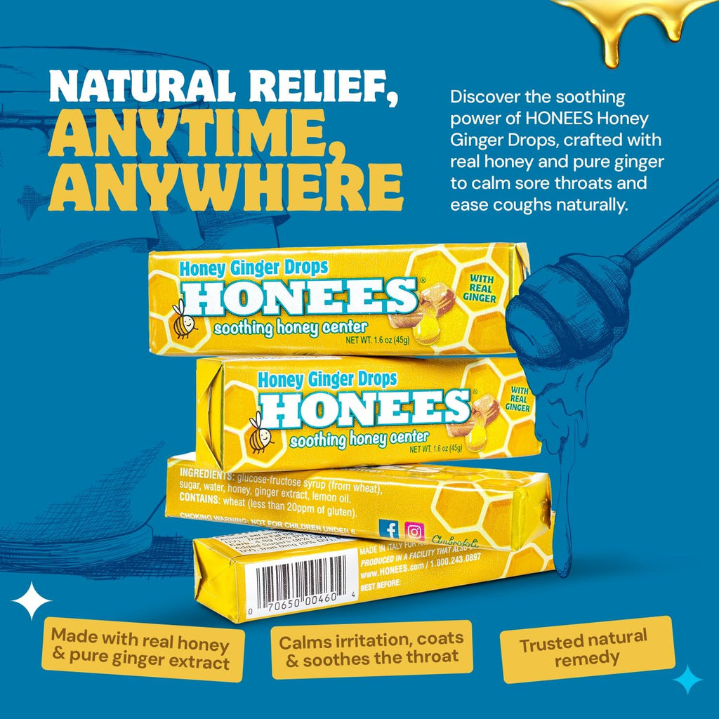 Honees Honey Ginger Throat Drops, 1.6 oz, Case of 12