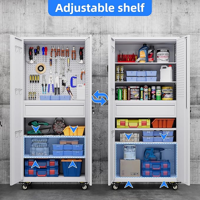 Metal Garage Cabinet with Wheels,71''H Rolling Lockable Steel Tool Cabinet with Pegboard & Drawer for Garage,Home,Office Assembly Required,White