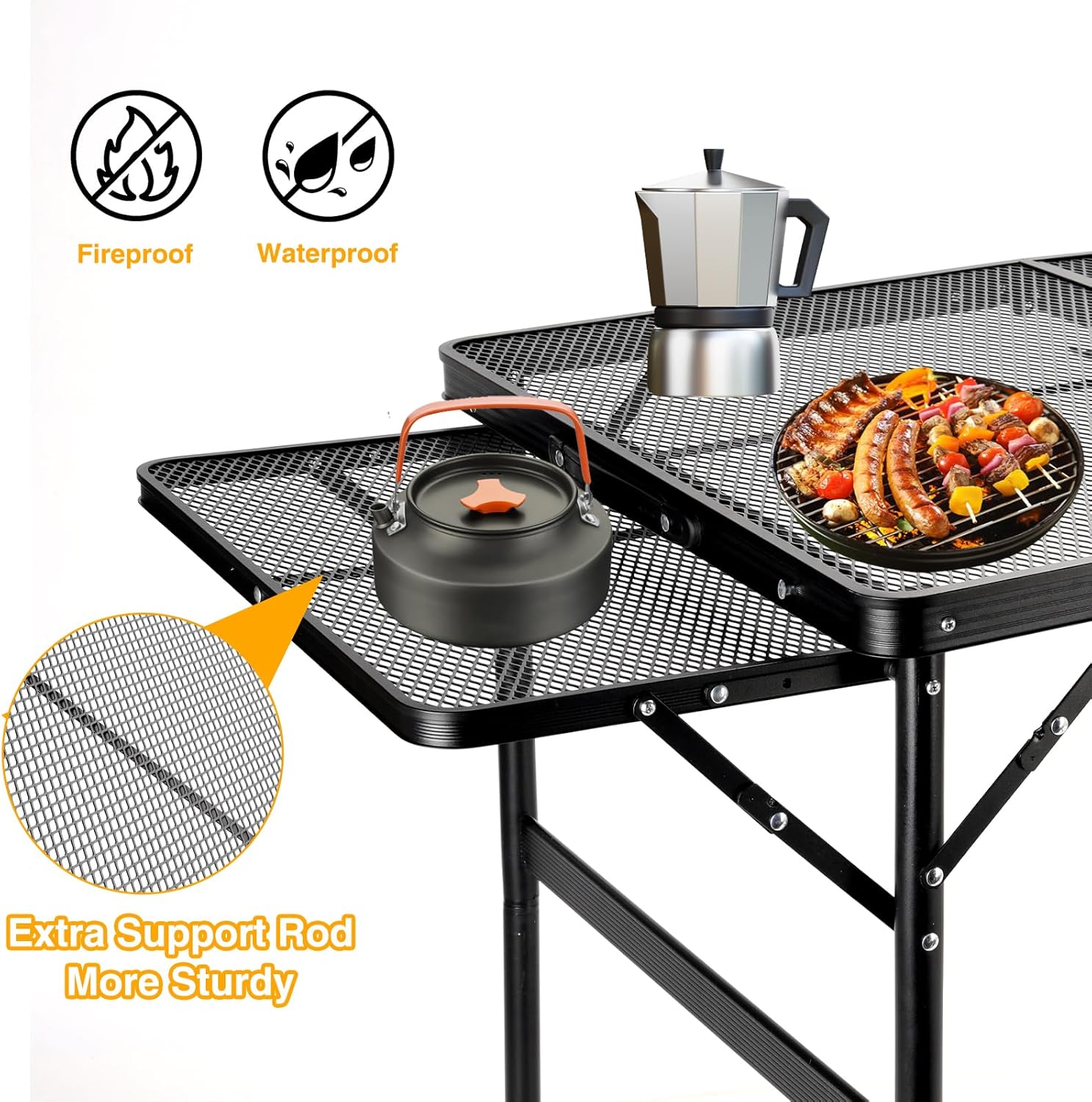 Grill Table Folding Table with 2 Wing Panels 3FT+1.4 FT with with 1×2/5 L Storage Bag Mesh Desktop 2 Height Adjustable Portable Grill for Outdoor Indoor Beach BBQ Picnic Travel RV Black