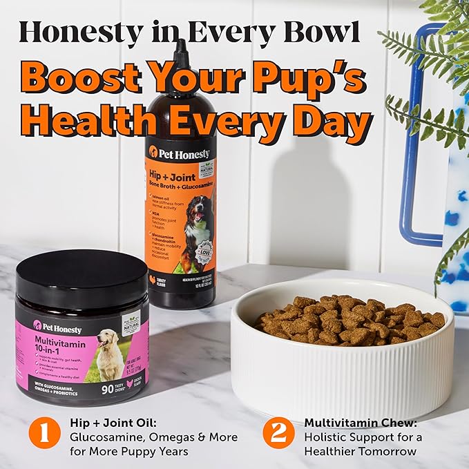 Dog Joint Supplement with Salmon Oil for Dogs - Ease Stiffness, Reduce Discomfort & Support Joint Mobility Liquid Supplement, Dog Food Topper Bone Broth with Glucosamine for Dogs (12 oz)