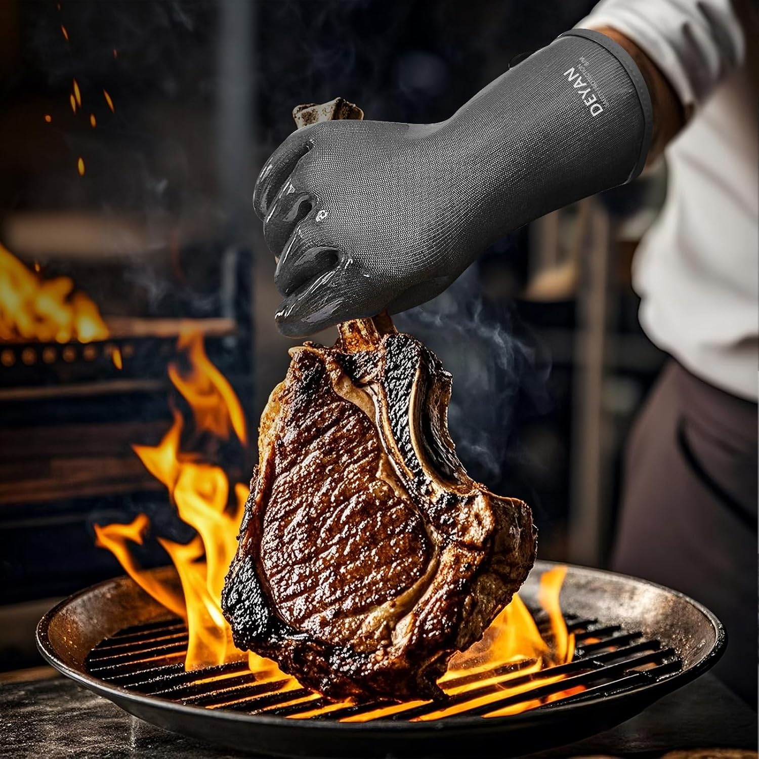 DEYAN Silicone BBQ & Oven Gloves - Food Grade, Heat Resistant Waterproof & Oil Proof Gloves for Grilling, Baking, Frying, Cooking - Long Sleeve & Non-Slip Grip, 1 Pair(Black, 8/M)