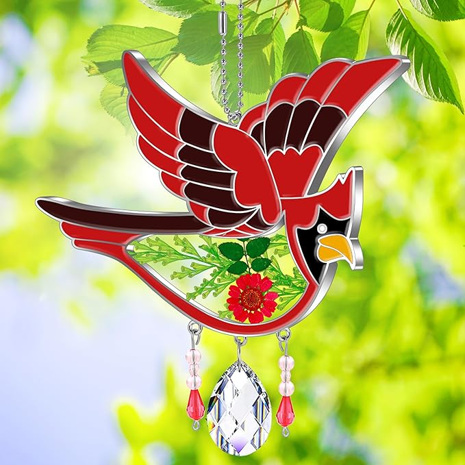 KY&BOSAM Cardinal Suncatcher Crystal Had Painted Glass Sun catchers Hangings for Windows Ornament with Pressed Real Flower and Heart Charm Birthday Gifts for Women Mom Mother's Day Christmas Mom Gifts
