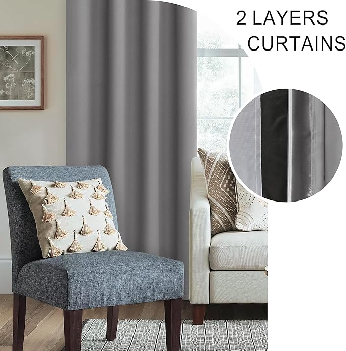 XWZO 100% Blackout Curtain Panels - Rod Pocket Thermal Insulated Black Liner Curtains, Noise Reducing Heat Blocking Drapes for Hall and Studio Windows with Tiebacks, Grey, W42 x L63, Set of 2