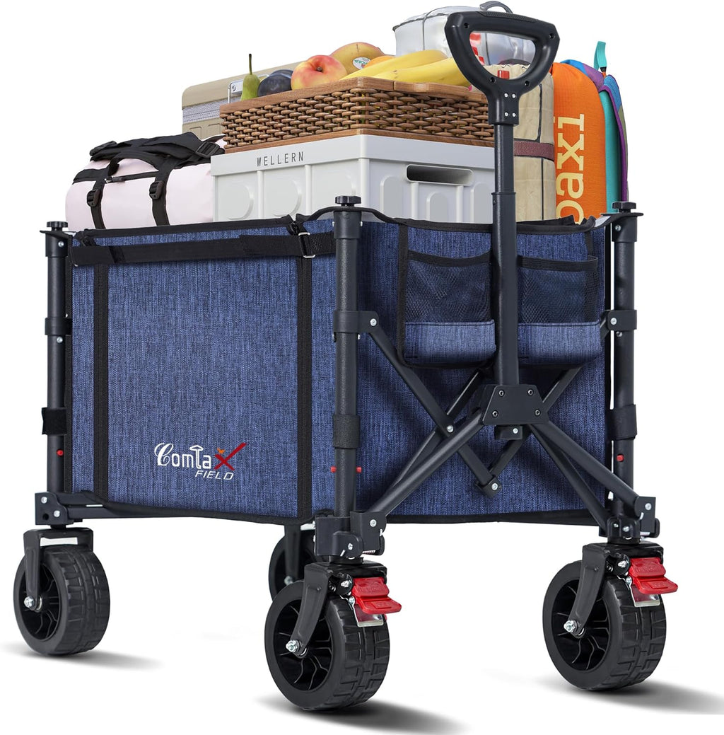 Collapsible Wagon Cart Foldable with Big Wheels Brakes, 250lbs Folding Utility Lightweight Garden Wagon, Portable Grocery Cart for Camping Shopping Sports Pets, Blue