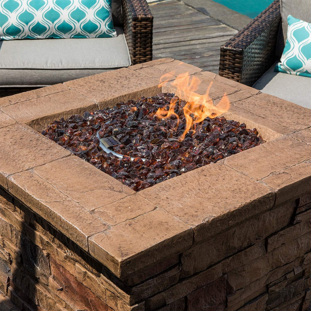 COSIEST 5-Piece Faux Brown Propane Fire Pit Outdoor Furniture Brown Chairs, Warm Gray Wicker Thick Cushion Sofa w 32-inch Square Propane Fire Table (50,000 BTU) for Garden, Pool, Backyard