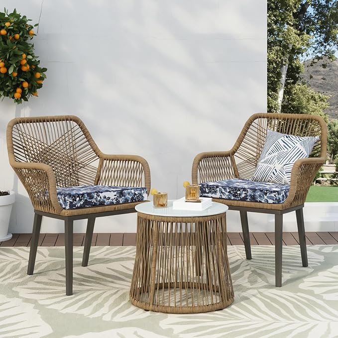 Favoyard Outdoor Chair Cushion 22 x 22 x 3 In Waterproof Pattern Fade Resistant Cushions for Patio Furniture with Removable Cover Attach Straps 28D Foam Insert Cushions Pads for Seat Sofa Couch 2 Pack