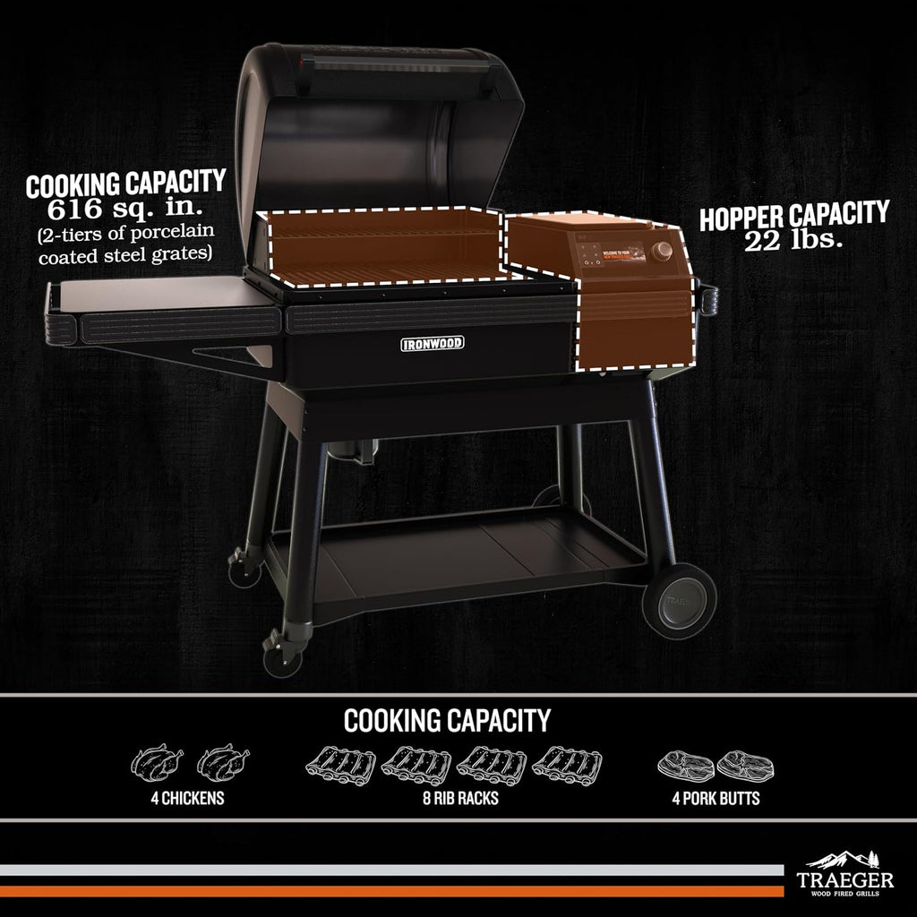 Traeger Ironwood Pellet Smoker Grill, Electric Wood Pellet Grill with WiFIRE App Control, 165F - 500F Degree Temperature Control Super Smoke Mode, 6-in-1 BBQ Smoker Grilling Combo, TFB61RLG