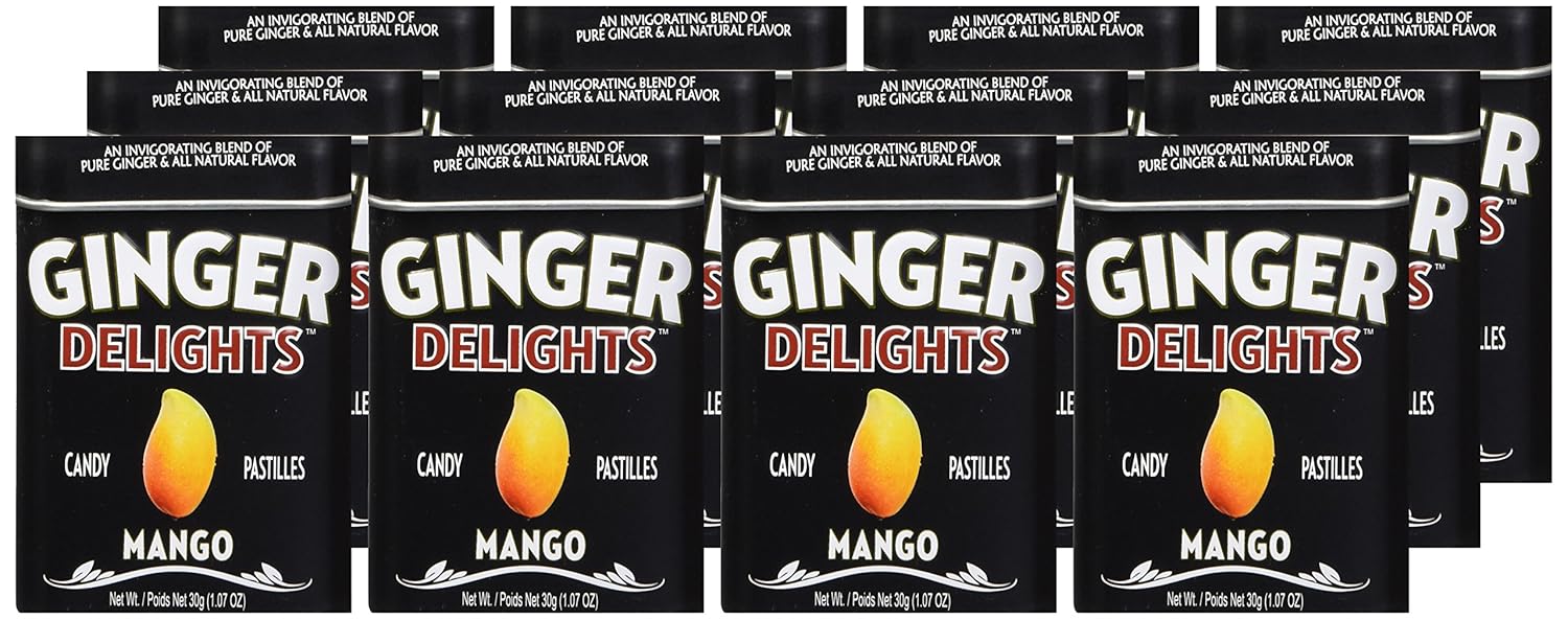 Ginger Delights Mango Ginger Candy, Spicy Sweet Pastilles, Fresh Breath, Long-Lasting, 12 Count x 1.07 Oz