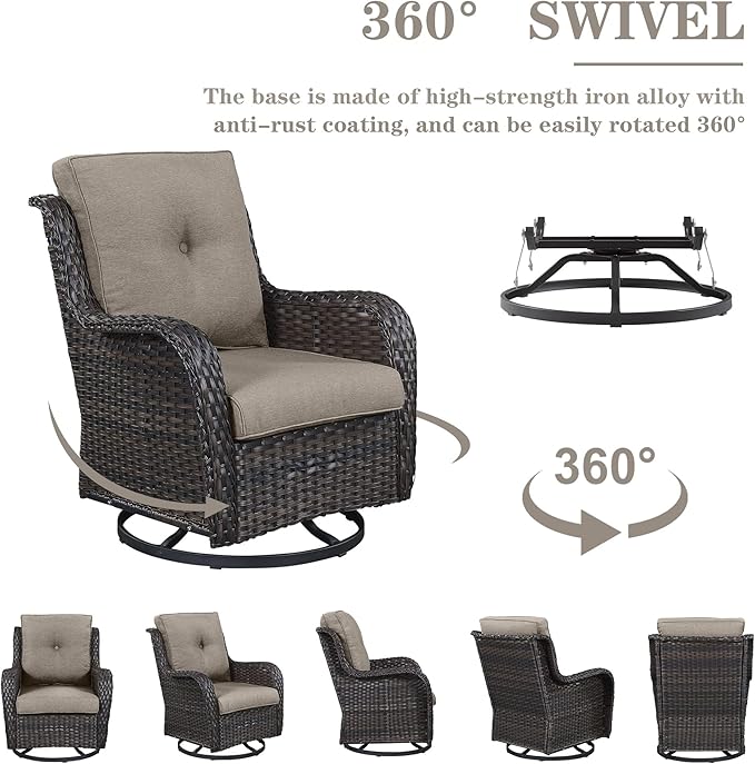 5 Piece Outdoor Patio Furniture Set - Outdoor Conversation Couch and Loveseat Glider Chair Furniture Set with Rattan Coffee Table for Deck Balcony Poolside Brown Wicker/Grey Cushions