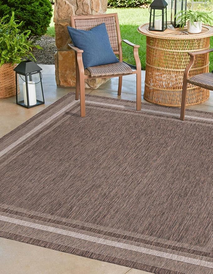 Unique Loom Outdoor Border Collection Area Rug - Soft Border (10' Square Brown/Ivory)