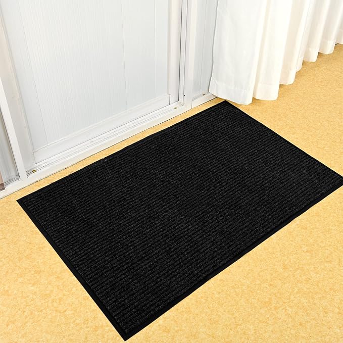fani Heavy Duty Large Outdoor Indoor Entrance Black Doormat Waterproof Low Profile Entrance Rug Front Door Mat Patio Anti-Skid Rubber Back, 48x72 inch (Black)
