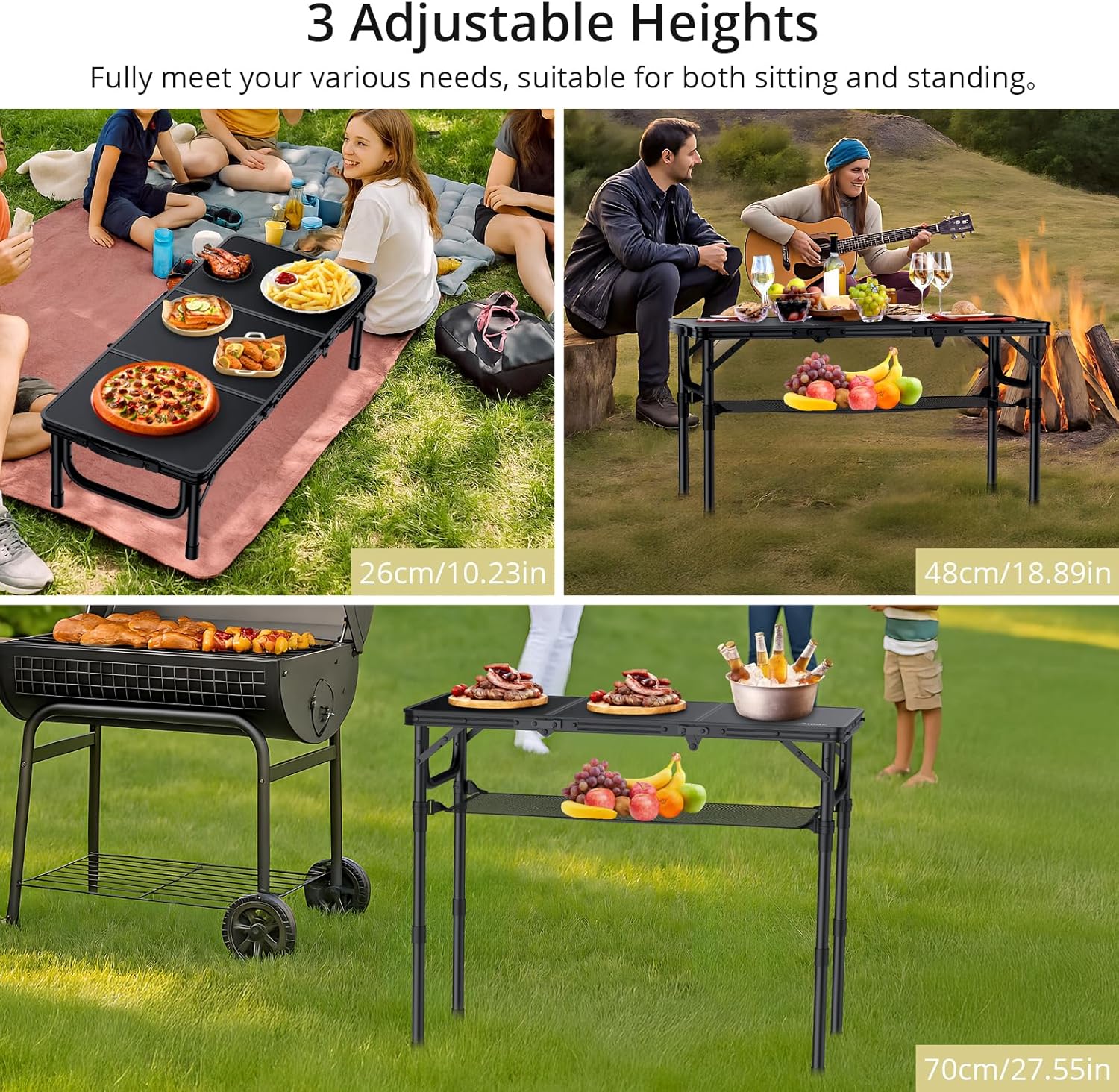 Folding Camping Table with Storage Net, 3ft Camping Table Aluminum Folding Table with 3 Adjustable Height Max 27.5 Inch Picnic Table Portable Table for Outdoor Backyard BBQ, Pure Black