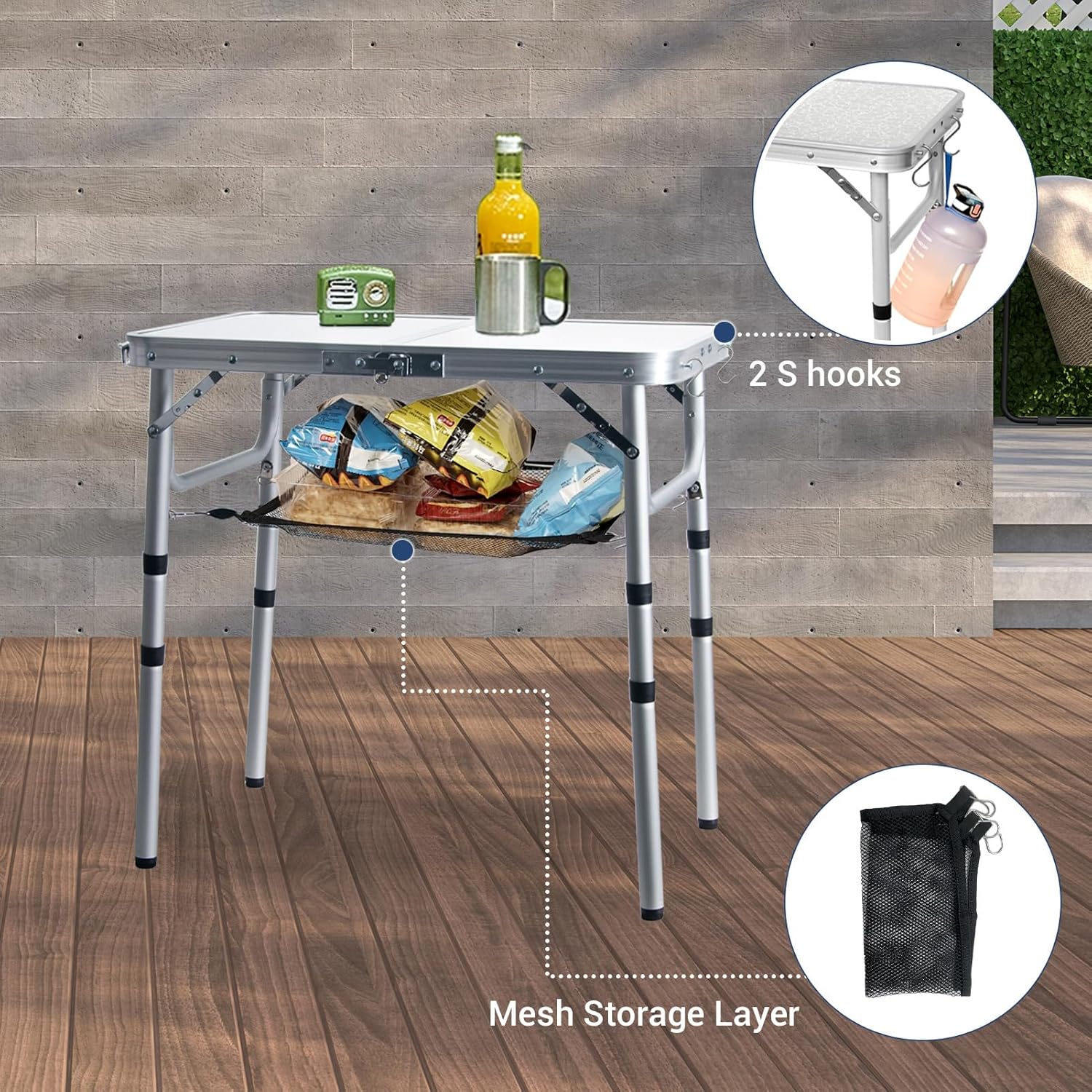 Small Folding Table 2FT Lightweight Portable Aluminum Camping Table for Picnic and Camping Mini Foldable with Adjustable Extended Height,Silver