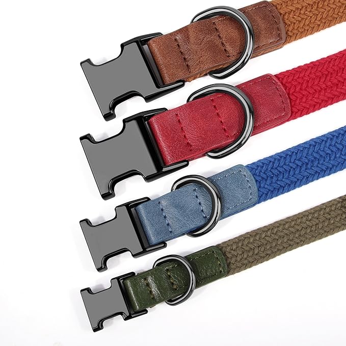 PET ARTIST Soft Cotton Dog Collars for Small Dogs in Stylish Green, Simple Dog Collar with Quick Release Metal Buckle & D Ring, S Size (10-16")