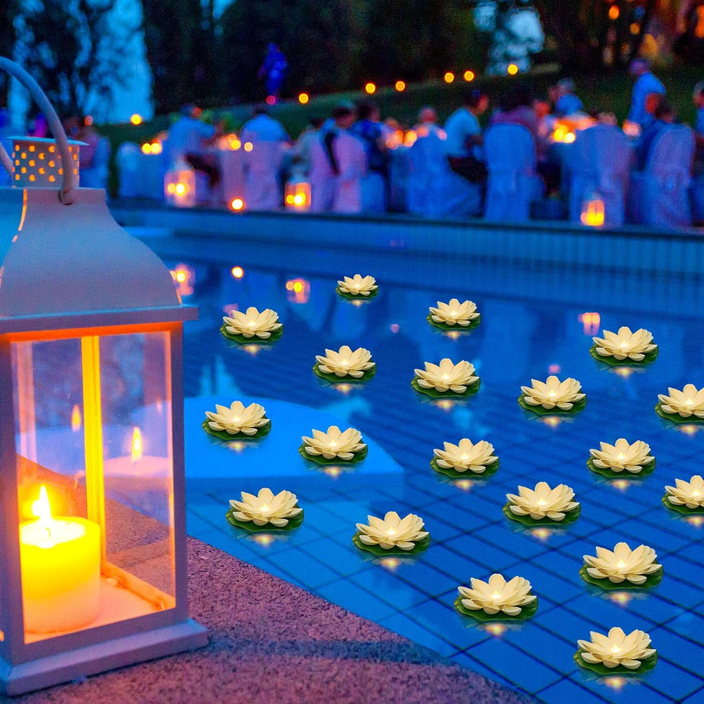 Liliful 24 Pcs Diwali Lotus Decoration Pool Floating Lights, Artificial Flowers Lotus with LED,Lily Pads Water Lantern for Indian Puja Home Decoration(3.94 Inch,White)