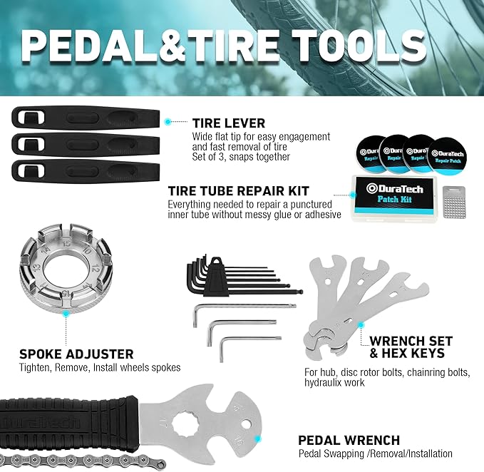 DURATECH 41 Pieces Bike Repair Tools, Complete Bike Tools Kit with Storage Box, Mountain Bike Maintenance Tools, for Mountain, Road, and Park Bicycle with Chain Riveter, Tire Levers, Crank Puller