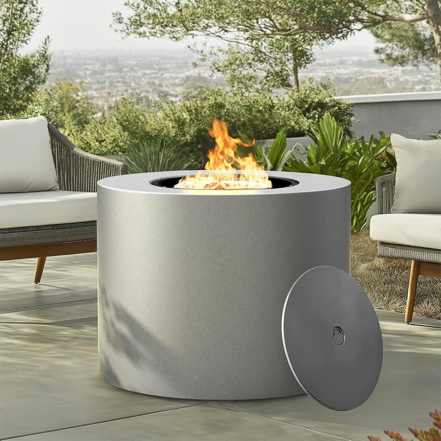 32 Inch Propane Outdoor Fire Pit Table, Round Patio Fire Table 50,000 BTU w/Lid, Lava Rocks, Weatherproof Cover, Alloy Steel Propane Fire Pit Table for Deck, Backyard and Pool, CSA Certified, Gray