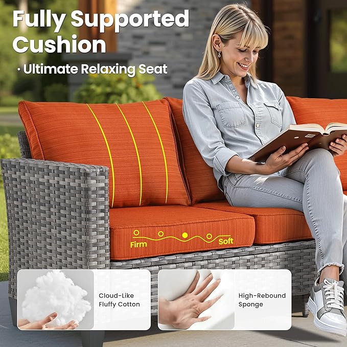ovios 8 Pieces Patio Furniture Set with 54" Fire Pit Table, Outdoor Wicker Sofa with Comfy Cushions, All Weather High Back Rattan Couch Conversation Set, Orange Red